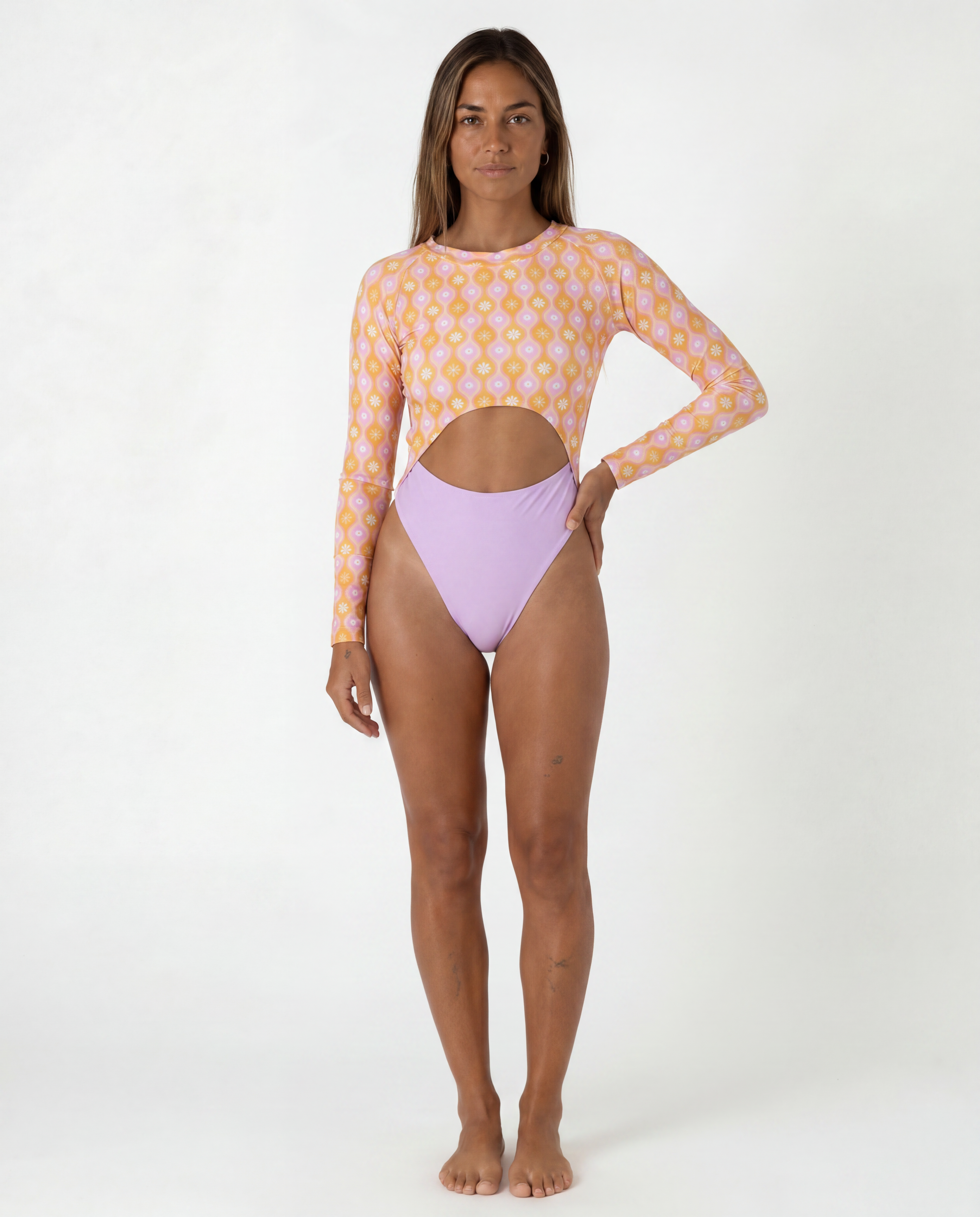 Olas one piece Marga Orange – long sleeve UPF 50+ recycled swimwear | Ula