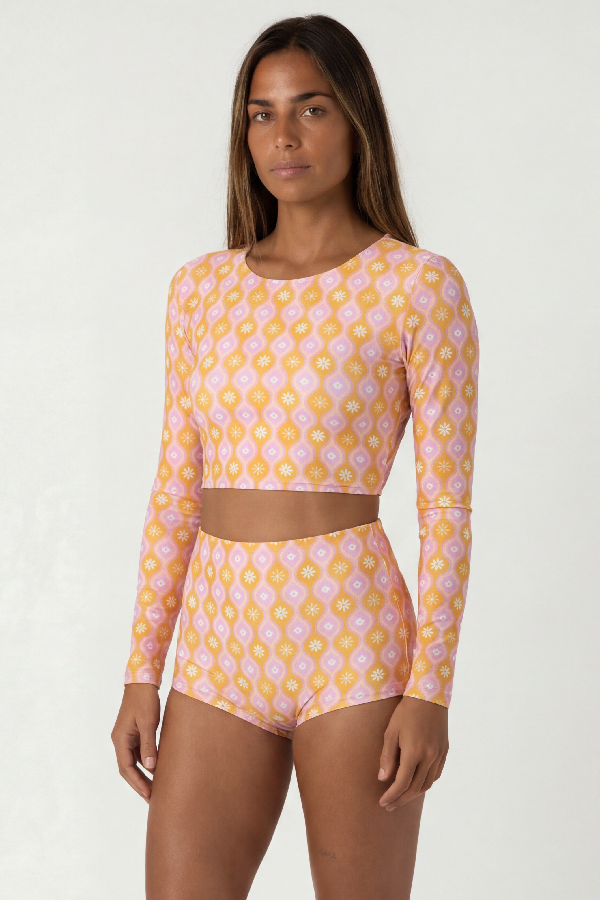 Voss UPF 50+ long-sleeve crop top Marga Orange – sustainable recycled swimwear | Ula