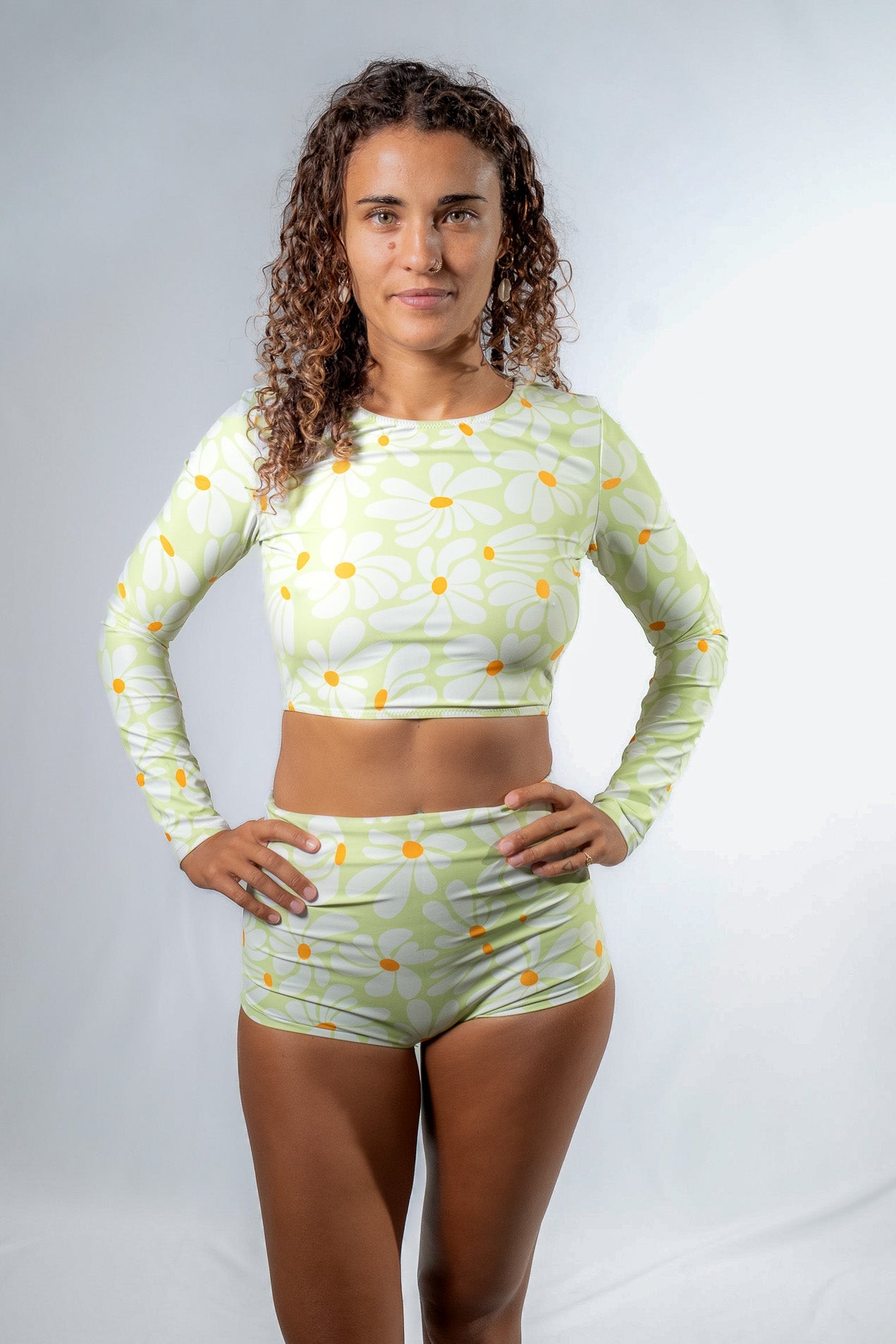 Ula Voss Set Kaya Green — front view with bikini top and high-waisted surf shorts
